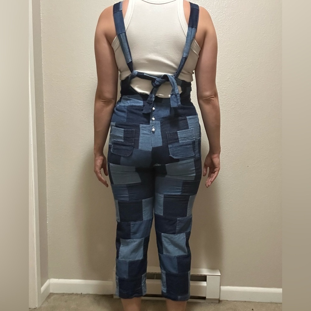 One of a Kind Patchwork Denim Overalls — Medium Petite Cropped Jean Jumpsuit - Picture 4 of 8